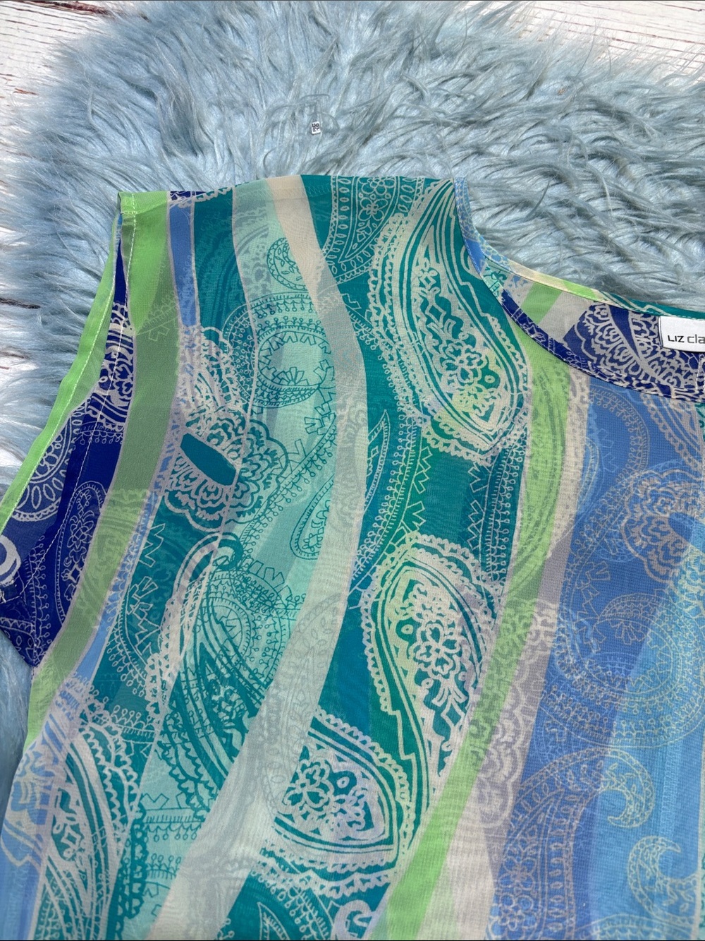 Liz Claiborne Blue, Teal & Green Paisley Sheer Blouse sz M - Picture 2 of 7